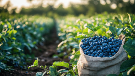 A burlap sack overflowing with freshly harvested blueberries sits in a sunlit field, surrounded by green plants. This vibrant scene captures the essence of agricultural abundance and organic farming.の素材