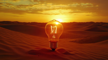 A glowing lightbulb stands in a serene desert landscape during sunset, casting warm hues across sands. The scene evokes inspiration and tranquility.の素材