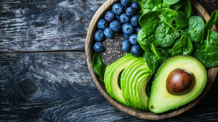 A vibrant arrangement of fresh avocado halves, blueberries, spinach leaves, and chia seeds in a rustic wooden bowl, showcasing healthy eating.の素材