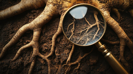 A magnifying glass reveals the intricate details of tree roots embedded in rich soil, symbolizing nature's hidden beauty and complexity in a close-up study.の素材