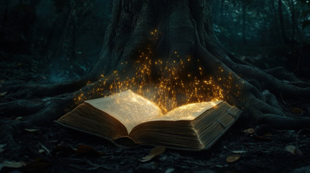 An enchanting scene featuring an open book illuminated by magical sparks. Set beneath a majestic ancient tree in a mystical forest, this captivating image evokes wonder and imagination.の素材