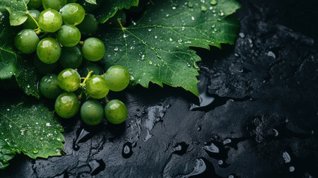 A stunning composition of fresh green grapes resting on textured leaves, adorned with water droplets. This visually appealing image showcases nature's bounty, perfect for culinary projects or healthy lifestyle promotions.の素材