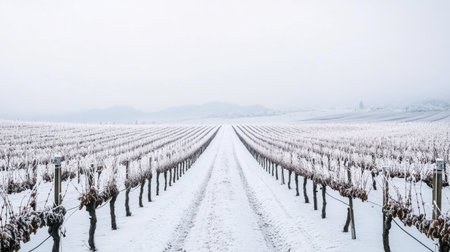 A stunning view of a snow-covered vineyard in winter, showcasing rows of frosty grapevines leading to gentle hills under a soft, overcast sky.の素材
