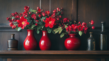 A striking arrangement of vibrant red flowers in ceramic vases set against a dark wooden background. This still life composition exudes warmth and charm, perfect for any home decor.の素材