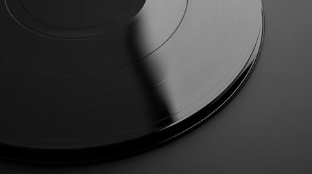 This close-up image showcases a vintage vinyl record resting on a dark surface, highlighting the reflective grooves and black finish. Ideal for music enthusiasts.の素材