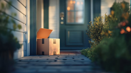 A delivery box rests on a front porch, bathed in sunlight. The inviting green door and lush garden create a serene atmosphere perfect for home delivery moments.の素材