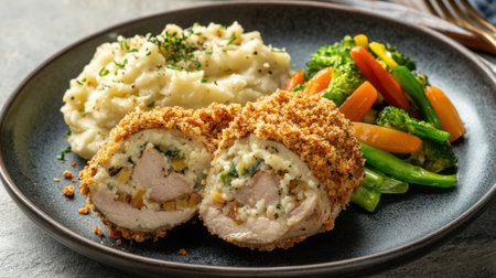 A delicious breaded chicken roll filled with vegetables, served with creamy mashed potatoes and colorful steamed vegetables, perfect for a comforting dinner.の素材