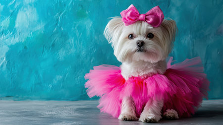 A charming small dog wearing a pink tutu and bow sits poised against a vibrant blue background, radiating joy and playfulness. Perfect for pet lovers.の素材