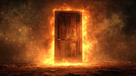 A striking image of a wooden door engulfed in flames, creating an atmosphere of mystery and danger. The fiery glow contrasts with the dark surroundings, inviting exploration.の素材