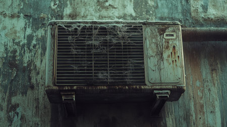 This image features a worn air conditioner unit adorned with cobwebs, resting against a textured, decaying wall. It conveys a sense of abandonment and neglect.の素材