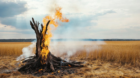 A striking image of a burning tree trunk creating vibrant flames in a grassy field, showcasing the stark contrast of fire against the golden backdrop of nature.の素材