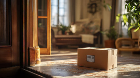 A cozy interior scene featuring a single cardboard box placed at the entrance, illuminated by warm sunlight. The inviting atmosphere highlights the home environment.の素材