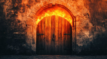 A dramatic image featuring a wooden door engulfed in flames, set against a weathered stone wall. The intense colors and textures evoke a sense of danger and mystery.の素材