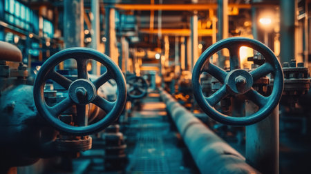 Close-up view of industrial pipes and valves in a manufacturing setting, showcasing metal machinery and control mechanisms in use within an operational facility.の素材