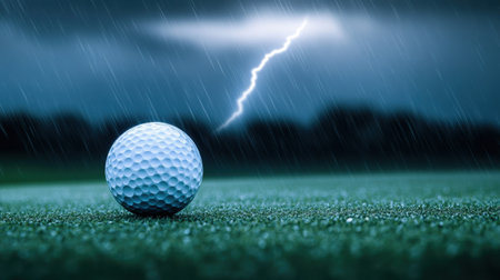 A solitary golf ball rests on lush green turf as lightning illuminates a stormy sky. The dramatic weather adds intensity to this outdoor sport scene.の素材