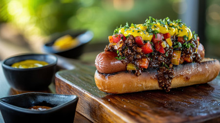 A gourmet hot dog topped with chili, diced vegetables, and a drizzle of mustard, presented on a wooden platter, perfect for outdoor gatherings and picnics.の素材