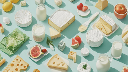 A vibrant arrangement of various cheeses and dairy products alongside fresh fruits. This colorful flat lay showcases textures and flavors ideal for culinary inspiration.の素材
