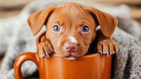 This image captures a cute puppy peeking out of a coffee mug, showcasing its playful expression and adorable features. Perfect for animal lovers!の素材