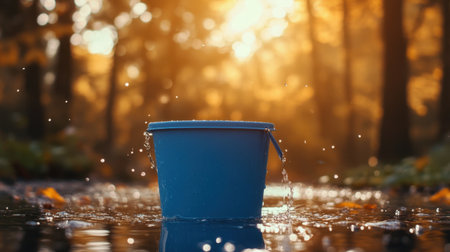 A vibrant blue bucket sits in a tranquil forest stream, with water splashing around it. Sunlight filters through autumn leaves, creating a serene atmosphere.の素材
