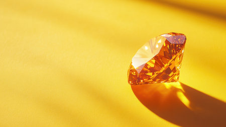 A stunning orange gemstone rests elegantly on a vibrant yellow background, showcasing its sparkling facets and brilliant reflections. Ideal for luxury and beauty themes.の素材