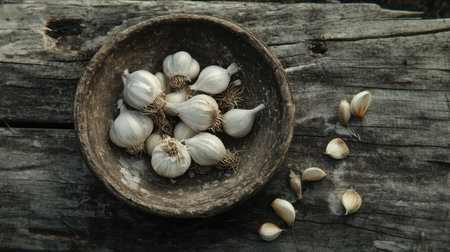 A closeup of fresh garlic cloves in a rustic wooden bowl on a weathered table. This image captures the essence of healthy cooking with natural ingredients.の素材