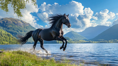 A stunning black horse gallops joyfully through a serene lake, framed by vibrant mountains and dramatic clouds, capturing the essence of freedom and natural beauty.の素材