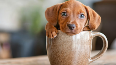 A charming brown puppy peeks out of a ceramic coffee cup, showcasing its adorable features and playful expression, perfect for pet lovers and cozy home scenes.の素材