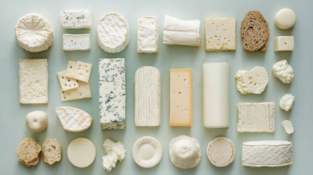 This image showcases an array of cheese varieties and breads beautifully displayed on a light background, ideal for culinary presentations and gourmet events.の素材