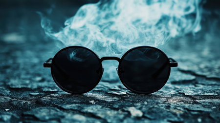 A pair of stylish black sunglasses sits on the cracked pavement, enveloped in mystical smoke. This artistic image captures a modern and trendy vibe, perfect for fashion and accessory themes.の素材
