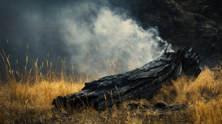 A charred log emits wisps of smoke amidst tall, dry grass, illustrating the aftermath of a forest fire. The scene reflects nature's resilience and beauty.の素材
