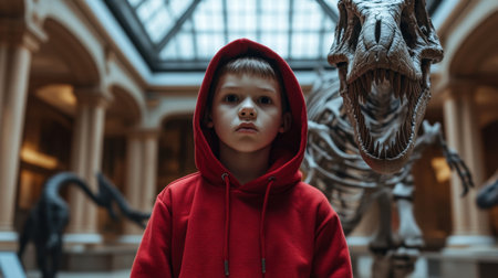 A young boy wearing a red hoodie stands in awe before a dinosaur skeleton in a museum, capturing the wonder of exploration and education in a historic setting.の素材