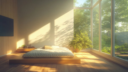 A serene minimalist bedroom featuring a low-profile bed, abundant natural light, and indoor plants, creating a tranquil and inviting environment perfect for relaxation.の素材