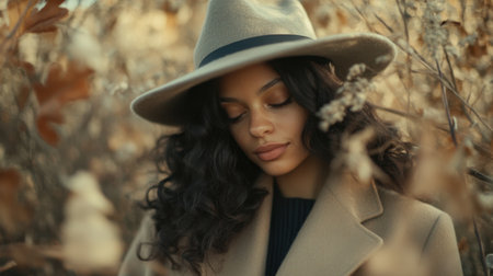 A serene portrait of a woman wearing a stylish hat, surrounded by autumn foliage, featuring soft lighting that enhances her natural beauty and calm expression.の素材