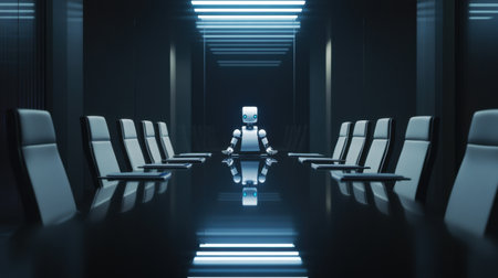 A futuristic robot sits alone in a sleek conference room, reflecting a blend of modern design and artificial intelligence, emphasizing innovation and technology in business.の素材