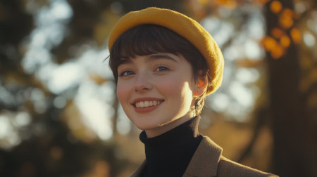 A young woman with a cheerful smile wears a yellow beret in a sunlit autumn park. Her relaxed pose and vibrant surroundings create a joyful atmosphere.の素材