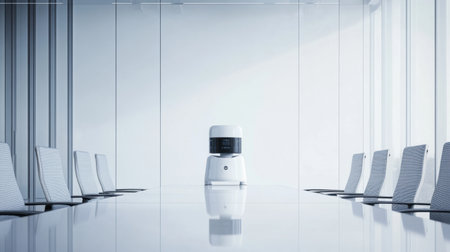 A sleek robotic assistant sits prominently in a minimalistic conference room, embodying the future of workplace technology in a bright, modern setting.の素材