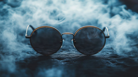 A pair of stylish round sunglasses are elegantly placed on a dark surface surrounded by swirling smoke, highlighting a captivating and artistic aesthetic.の素材