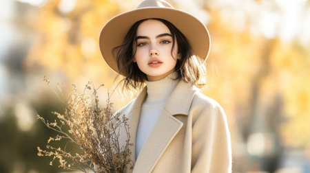 A young woman stands elegantly outdoors, wearing a stylish hat and holding dried flowers. The serene autumn backdrop enhances the beauty and tranquility of the moment.の素材