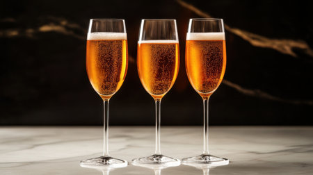 Three elegant champagne flutes filled with sparkling beverage sit on a marble table. The bubbles create a festive ambiance, perfect for celebrations.の素材