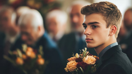 A young man stands thoughtfully with a bouquet of flowers in hand, exuding a sense of calm and reflection during an emotional event amidst a gathering.の素材