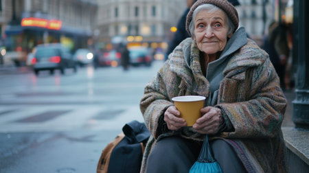 An elderly woman sits on the busy street with a warm coffee cup, embodying resilience and hope amidst the urban chaos. Her weathered expression tells a story of life.の素材