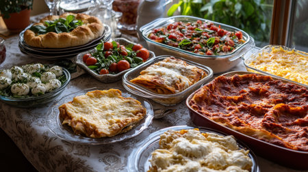 A beautiful assortment of Italian dishes displayed on a table, featuring lasagna, salads, and appetizers. Perfect for family gatherings and celebrations.の素材