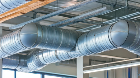 A close-up view of metallic ducts in a modern office space, showcasing the ventilation system's design, functionality, and architectural elegance in a contemporary work environment.の素材