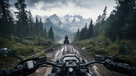 Experience an adventurous ride through a scenic mountain trail. Dense forests surround the rugged terrain, offering a thrilling journey on a motorbike and quad bike.の素材
