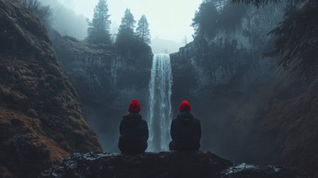 Two individuals sit peacefully near a stunning waterfall, surrounded by misty forests, capturing a moment of tranquility in a breathtaking natural setting.の素材