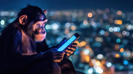 A charming monkey interacts with a glowing smartphone against a vibrant cityscape at night, showcasing a unique blend of nature and technology in a playful setting.の素材