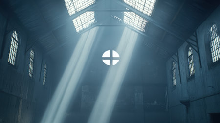 This photo captures a serene yet mysterious interior of an abandoned industrial space, where sunlight beautifully illuminates dusty beams and aged architecture.の素材