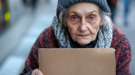 A poignant portrait of an elderly woman wearing a beanie, holding a cardboard sign in an urban setting, reflecting the struggles of homelessness and vulnerability.の素材