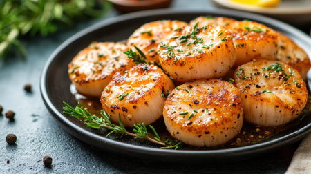 Savor the exquisite flavor of grilled scallops garnished with fresh herbs. Perfectly seared, these scallops are ideal for gourmet dining or special occasions.の素材