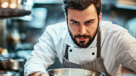 A dedicated chef intensely prepares ingredients in a busy kitchen, showcasing his focus and passion for culinary arts while surrounded by a vibrant cooking environment.の素材